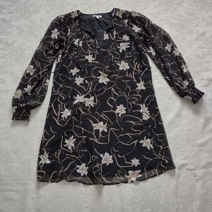 Chiffon black floral dress long sleeves neck ties